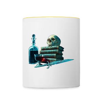 Bücher Design, Menschenschädel, Weinflasche - Tasse zweifarbig - Weiß/Gelb - Vorne