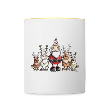 Weihnachtsmann unter Rentieren - Tasse zweifarbig - Weiß/Gelb - Vorne