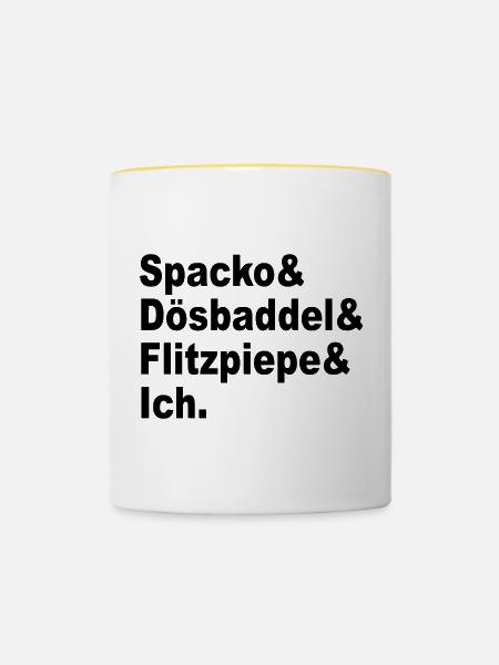 Spacko, Dösbaddel, Flitzpiepe, Ich. - Tasse zweifarbig - Weiß/Gelb