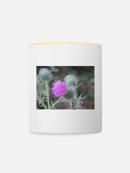 Violetten Distelblüten-Muster - Tasse zweifarbig - Weiß/Gelb