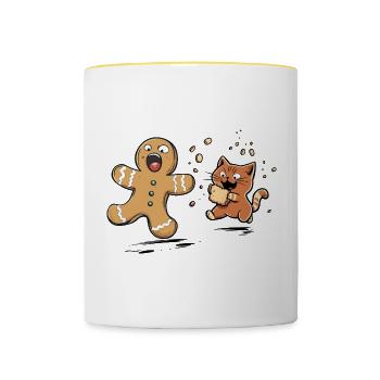 Weihnachten Katze, Naschkatze, Keksliebhaber - Tasse zweifarbig - Weiß/Gelb - Vorne