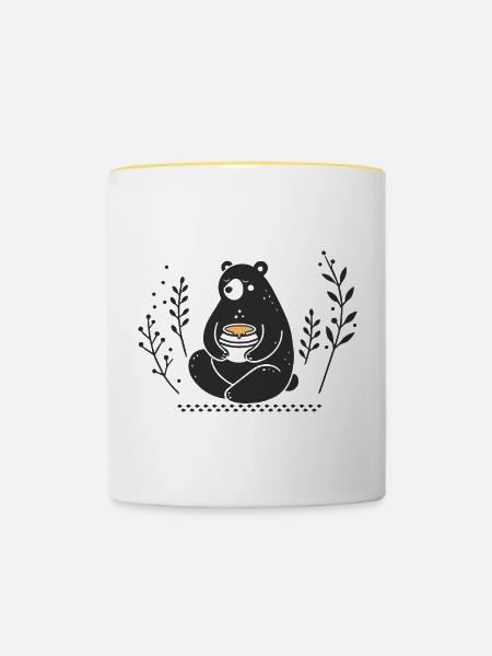 Braunbär mit Honigtopf – Liebevolle Illustration - Tasse zweifarbig - Weiß/Gelb
