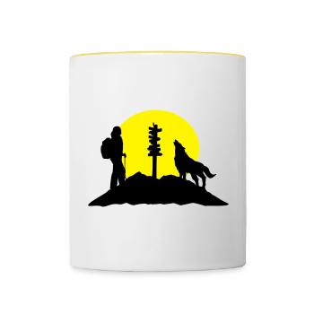 Wandern in den Bergen, Wanderin - Tasse zweifarbig - Weiß/Gelb - Vorne