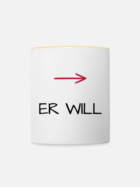 Er will Junggesellenabschied Pfeil - Tasse zweifarbig - Weiß/Gelb