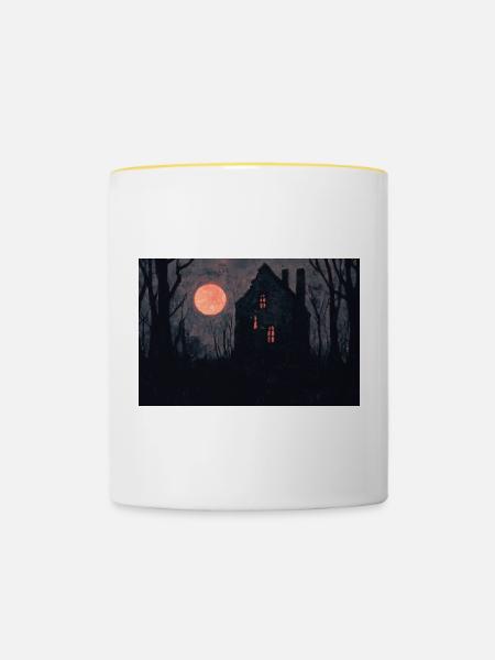 Spukhaus Illustration Poster - Tasse zweifarbig - Weiß/Gelb