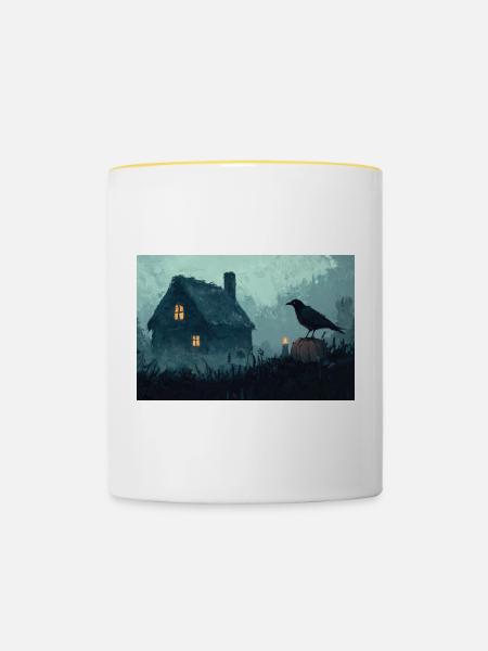 Spukhaus Illustration Poster - Tasse zweifarbig - Weiß/Gelb