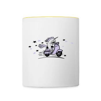 Italian 60s Motorroller mit Einhorn + Sterne - Tasse zweifarbig - Weiß/Gelb - Vorne