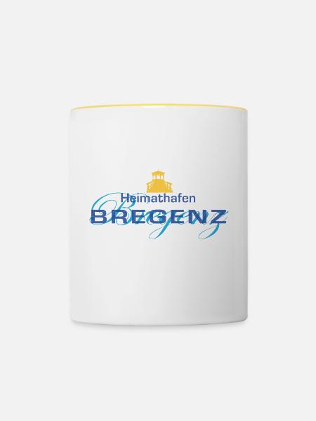 Heimathafen BREGENZ: Typografisch mit Fischersteg - Tasse zweifarbig - Weiß/Gelb