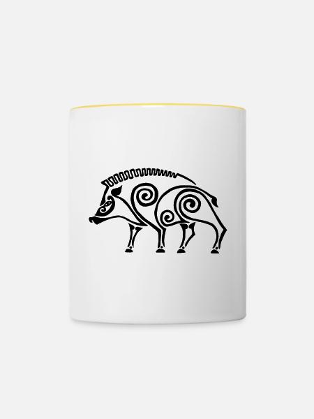 schwarzer keltischer Eber - Tasse zweifarbig - Weiß/Gelb