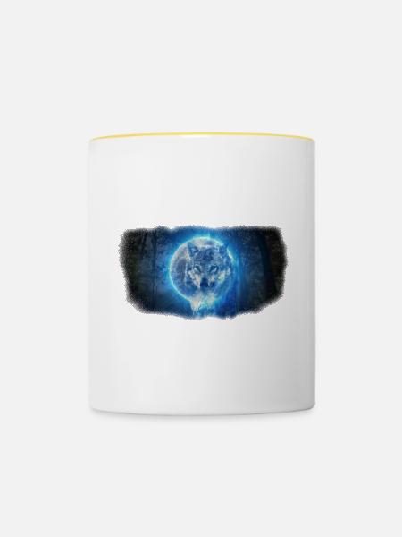 Wolf im Vollmond - Tasse zweifarbig - Weiß/Gelb