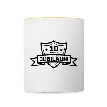 10 Jahre Jubiläum Geschenk - Tasse zweifarbig - Weiß/Gelb - Vorne
