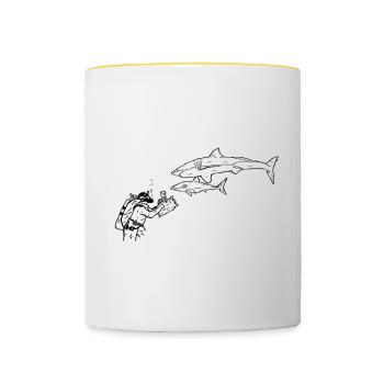 Hai und Taucher - Tasse zweifarbig - Weiß/Gelb - Vorne