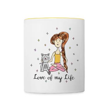 Yoga Cat "Love of my Life" - Contrasting Mug - white/yellow - Front