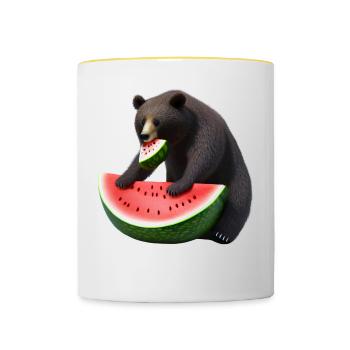 Bär mit Wassermelone - Tasse zweifarbig - Weiß/Gelb - Vorne