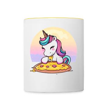 Licorne mangeant une pizza au coucher du soleil - Mug contrasté - blanc/jaune - Devant