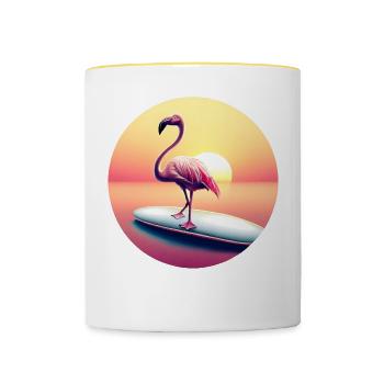 Surfing flamingo in sunset - Contrasting Mug - white/yellow - Front