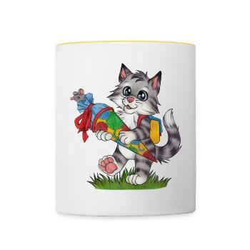 Niedliche Katze Katzenkind mit Zuckertüte Schule - Tasse zweifarbig - Weiß/Gelb - Vorne