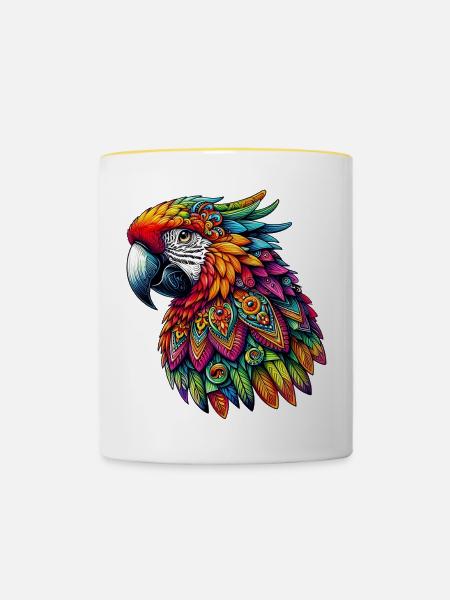 Papagei mit Mandalas verziert - Tasse zweifarbig - Weiß/Gelb