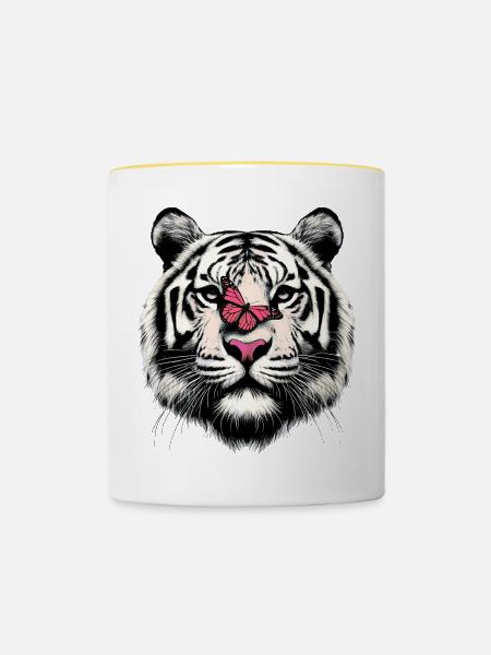 Tiger und Schmetterling - Tasse zweifarbig - Weiß/Gelb