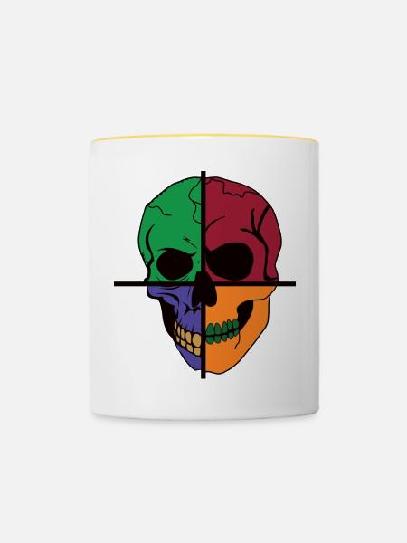 Vier geteilter Skelettschädel - Tasse zweifarbig - Weiß/Gelb