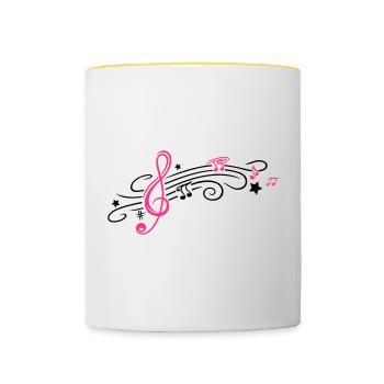 Musik, Notenschlüssel mit Notenblatt und Noten - Tasse zweifarbig - Weiß/Gelb - Vorne