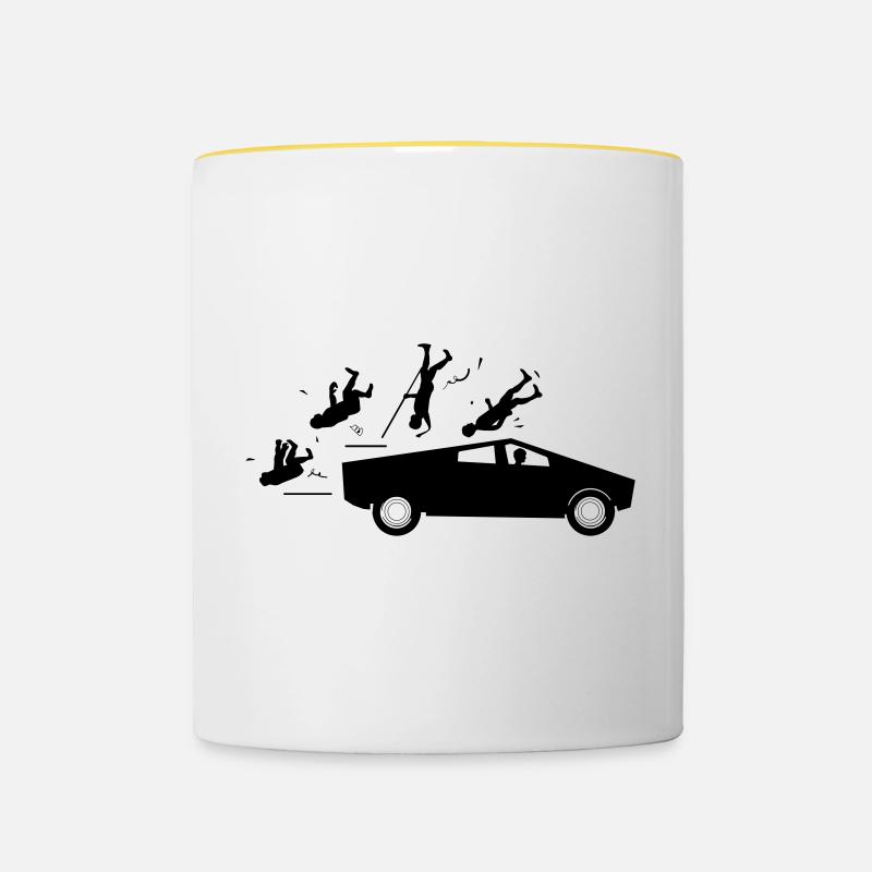 evolution accident tesla cybertruck by musk - Contrasting Mug - white/yellow