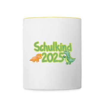 Schulkind 2025 Dino - Tasse zweifarbig - Weiß/Gelb - Vorne