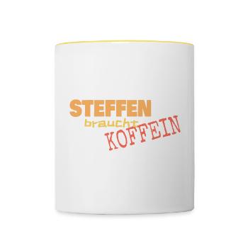 Cafe Steffen braucht Koffein - Tasse zweifarbig - Weiß/Gelb - Vorne