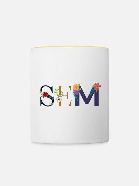 SEM Name mit Blumen geschmückt - Tasse zweifarbig - Weiß/Gelb