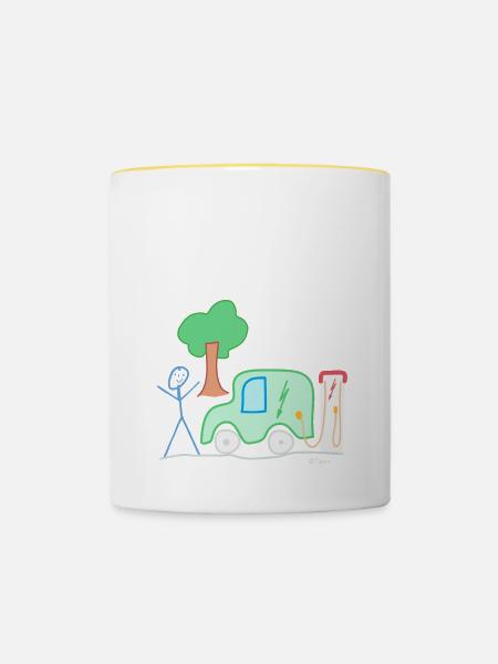 Elektroauto Strichmännnchen, Umweltschutz Akku - Tasse zweifarbig - Weiß/Gelb