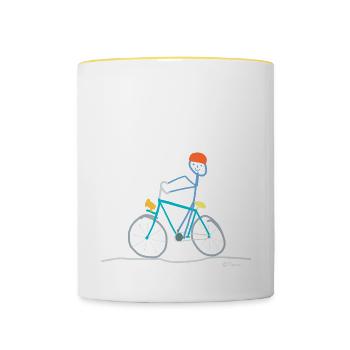 Fahrrad e Bike Strichmännchen Pedale treten fahren - Tasse zweifarbig - Weiß/Gelb - Vorne