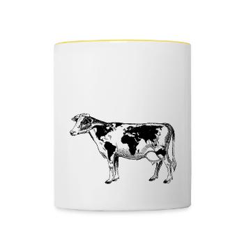 Vache avec carte du monde comme une protection de l'environnement des taches - Mug contrasté - blanc/jaune - Devant