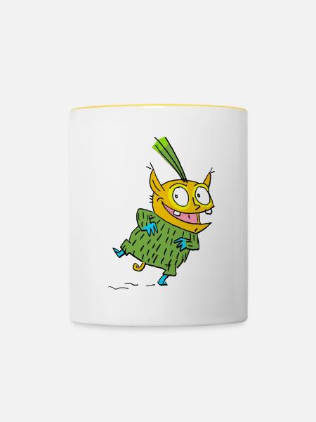 Fröhlicher Monster im Grünen Pullover - Tasse zweifarbig - Weiß/Gelb