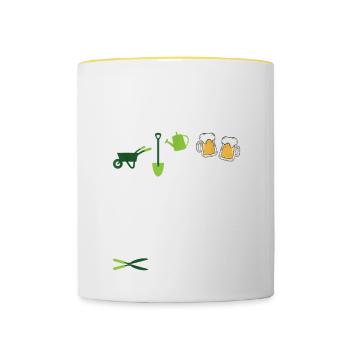 Garten und Bier Darum Bin Ich Hier Geschenk - Tasse zweifarbig - Weiß/Gelb - Vorne