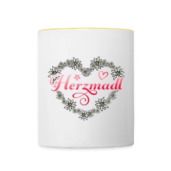 Herzmadl Edelweiß Herz Liebe Madl Bayern Dirndl - Tasse zweifarbig - Weiß/Gelb - Vorne