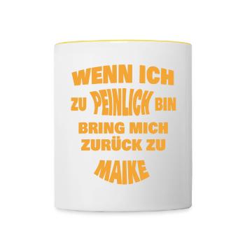 Zu peinlich zurück an Maike - Tasse zweifarbig - Weiß/Gelb - Vorne