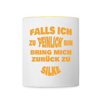 Zu peinlich zurück an Silke - Tasse zweifarbig - Weiß/Gelb - Vorne