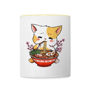 Chat avec un bol de ramen, les nouilles Japonaise - Mug contrasté - blanc/jaune - Devant