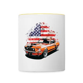 Amerikanisches Muscle-Car mit US-Flagge - Tasse zweifarbig - Weiß/Gelb - Vorne