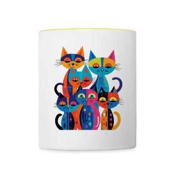Groupe de chats avec un design abstrait et coloré - Mug contrasté - blanc/jaune - Devant