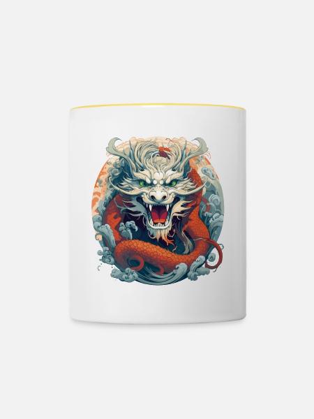 Design eines chinesischen Drachen - Tasse zweifarbig - Weiß/Gelb