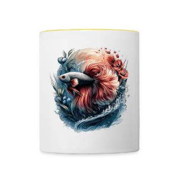 Betta Splendens, Kampffisch Aquarium, Bettafan - Tasse zweifarbig - Weiß/Gelb - Vorne