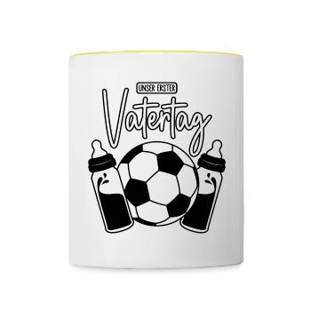 Unser erster Vatertag (Fußball Papa Sohn Baby) - Tasse zweifarbig - Weiß/Gelb - Vorne