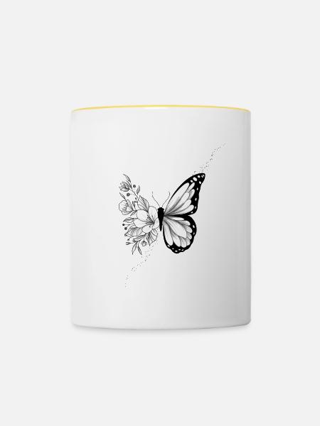 Floraler Schmetterling - Tasse zweifarbig - Weiß/Gelb