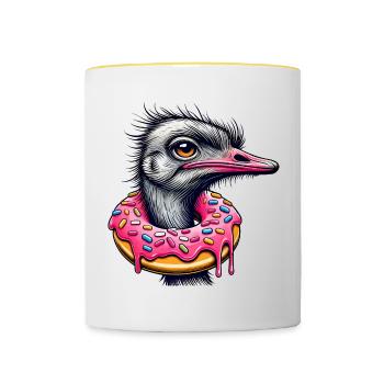 drôle de festin pour les yeux - Oiseau autruche avec beignet - Mug contrasté - blanc/jaune - Devant