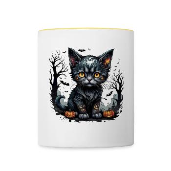 Halloween-Nacht mit Kätzchen und Kürbissen. - Tasse zweifarbig - Weiß/Gelb - Vorne