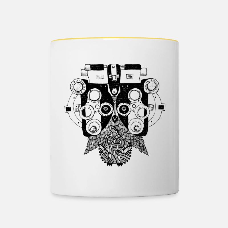 Phoropter Eule beim Sehtest - Tasse zweifarbig - Weiß/Gelb