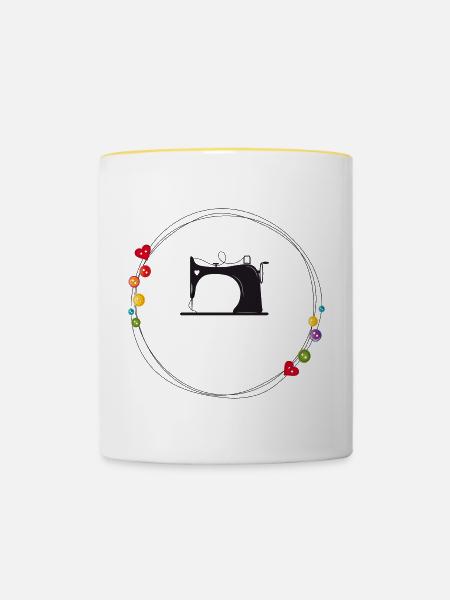 nostalgisch stilisierte Nähmaschine mit Knöpfe - Tasse zweifarbig - Weiß/Gelb