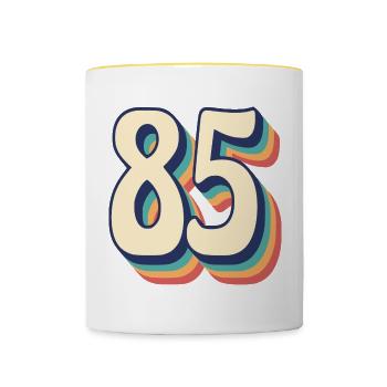 Vintage Retro T-Shirt Nummer 85 Fünfundachtzig - Tasse zweifarbig - Weiß/Gelb - Vorne