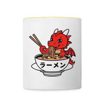 Niedlicher Drache genießt japanische Ramen - Tasse zweifarbig - Weiß/Gelb - Vorne